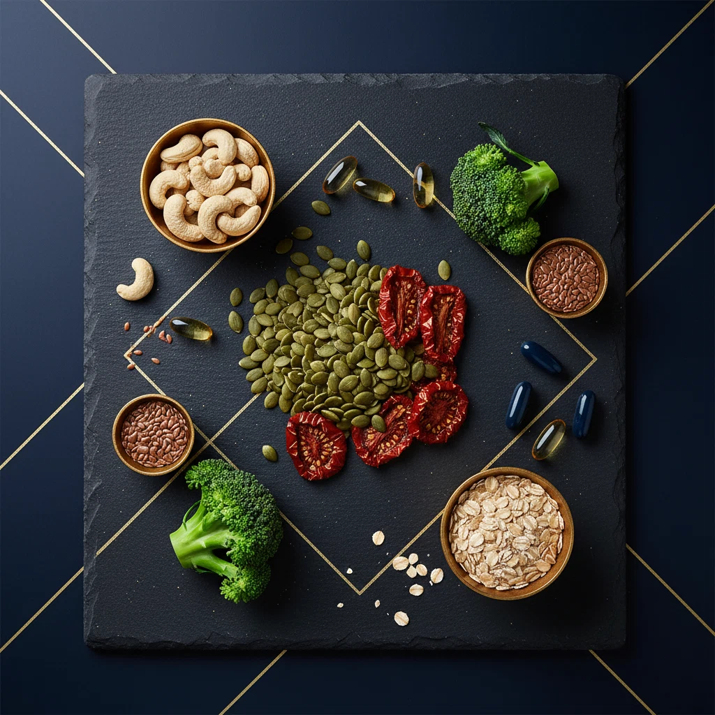 Flat lay van natuurlijke ingrediënten: pompoenpitten, tomaten, broccoli, capsules op donker leisteen met marineblauwe en gouden accenten