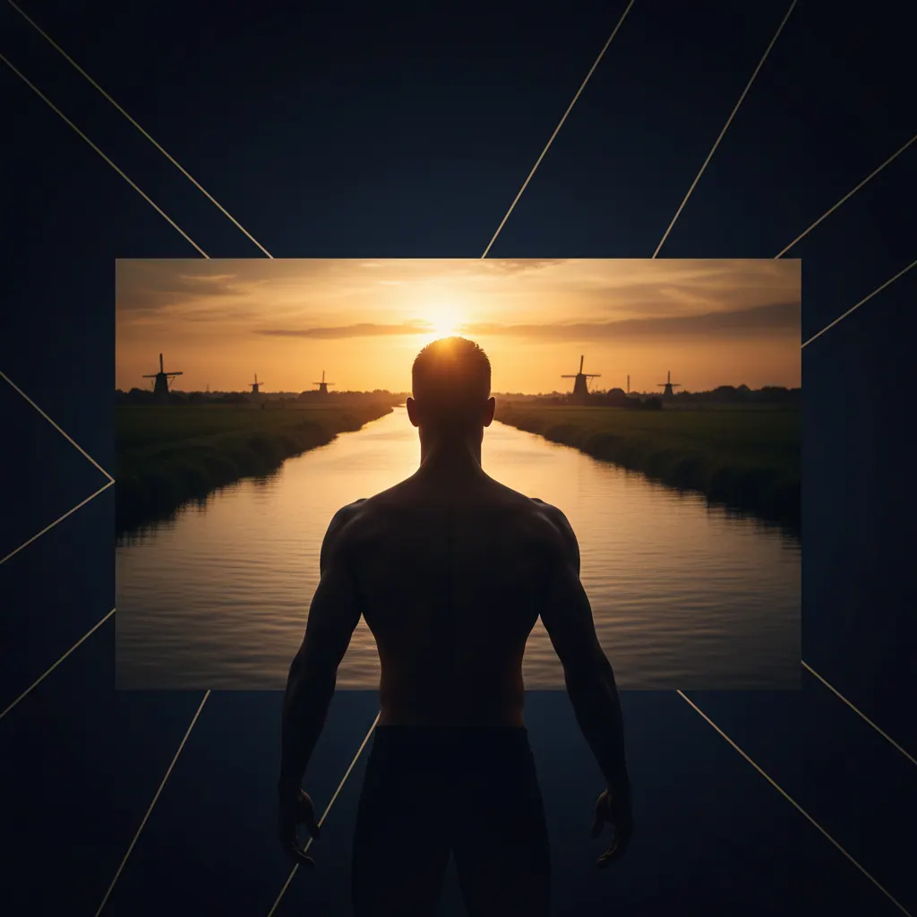 Anonieme man op de rug gezien bij een Nederlandse rivier bij zonsondergang, actieve en energieke houding